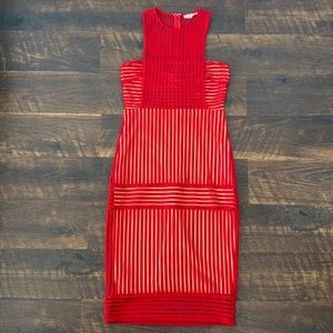 Just Me Red Sheer Lace Overlay Midi Dress